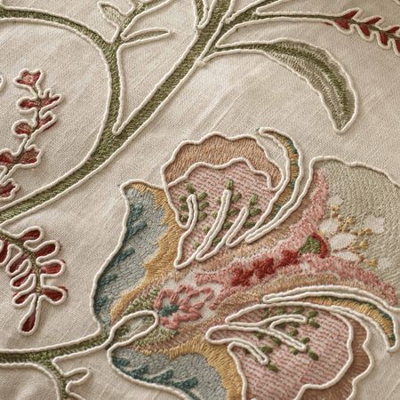 Close-up of intricate floral embroidery in soft pastel colors on textured fabric, showcasing detailed stitching and raised patterns.