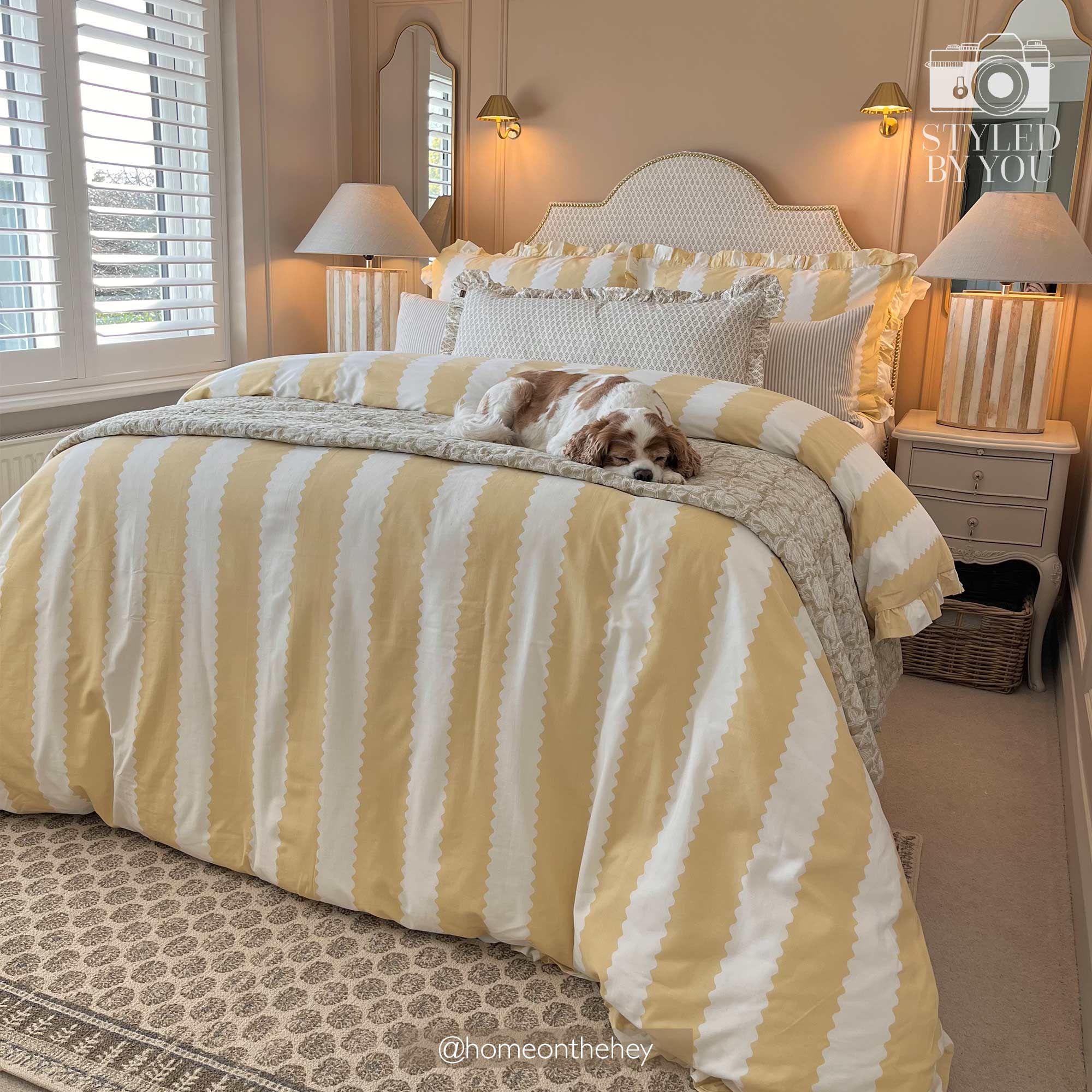 yellow striped, ruffled bed linen double