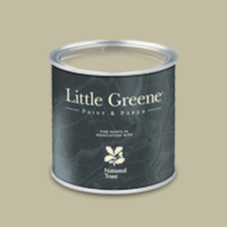 A small can of Little Greene paint on a light beige green background.