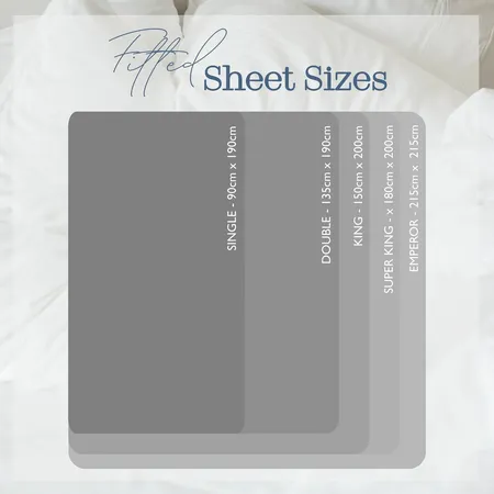 Chart showing fitted sheet sizes: Single (90x190cm), Double (135x190cm), King (150x200cm), Super King (180x200cm), Emperor (215x215cm).