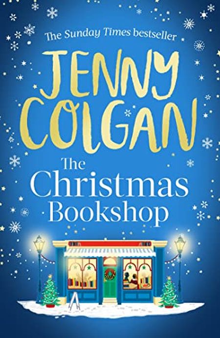 Blue book cover of "The Christmas Bookshop" by Jenny Colgan, featuring a festive bookshop with snowflakes and Christmas trees.