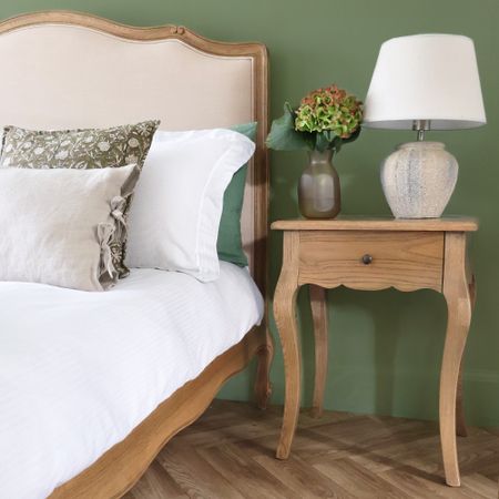 Curved French style bed with linen upholstery and matching cabriole legs solid wooden dressing table