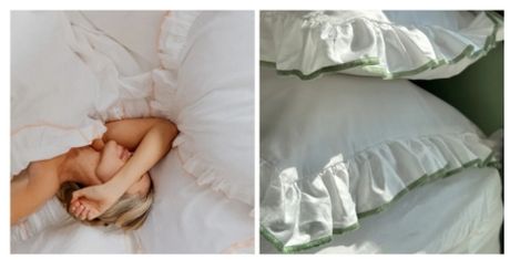 Left: Person lying in bed with white pillows, arm over face. Right: Close-up of white pillows with ruffled edges and green trim.