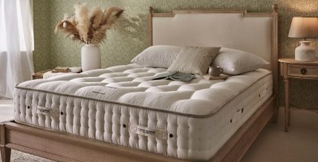 Cozy bedroom with a large, plush bed, beige headboard, pillows, and a nightstand with a lamp. A vase with pampas grass adds a decorative touch.