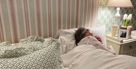 A person sleeps in a cozy bed with patterned pillows and blankets, next to a nightstand with a lamp, flowers, and framed photo.
