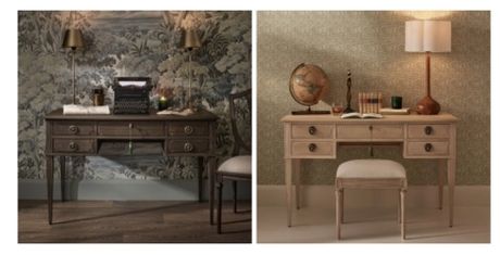 Two vintage-style desks side by side, one with a typewriter and lamp, the other with a globe and books, set against patterned wallpaper.