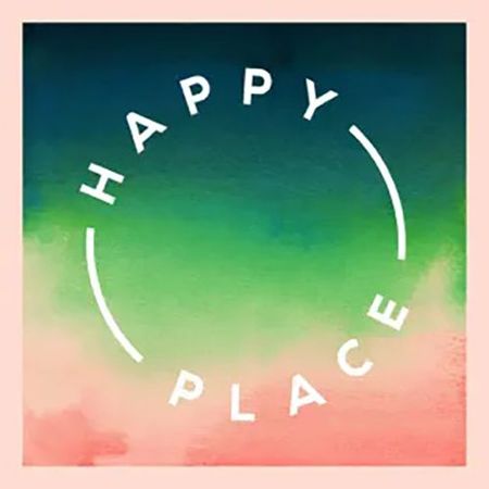 Gradient background with pink, green, and blue hues. The words "Happy Place" are curved around the center in white text.