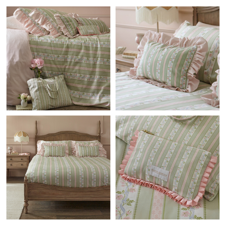 Four images of a bed with green and pink floral-striped bedding, ruffled pillowcases, and matching accessories in a cozy, vintage-style room.