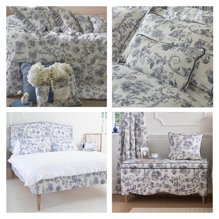 Four images showing a bedroom set with a Toile de jouy blue and white design, featuring a bed, bench, pillows, and decorative accessories.
