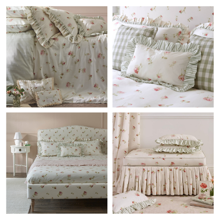 Bedroom with floral-patterned bedding in soft pastels, including cushions, blankets, and bed skirt, offering a cozy and elegant ambiance.