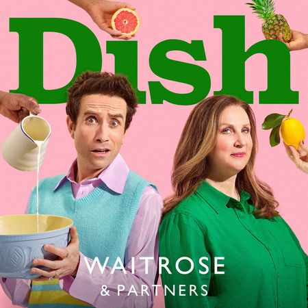 Two people stand against a pink background with "Dish" text. One holds a bowl, and the other a lemon. Hands hold fruit above them.