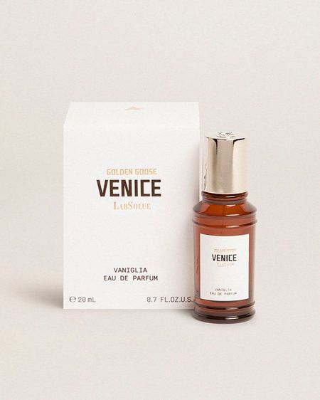 Brown perfume bottle labeled "Golden Goose Venice" beside its white box packaging, featuring "Vaniglia Eau de Parfum" text.