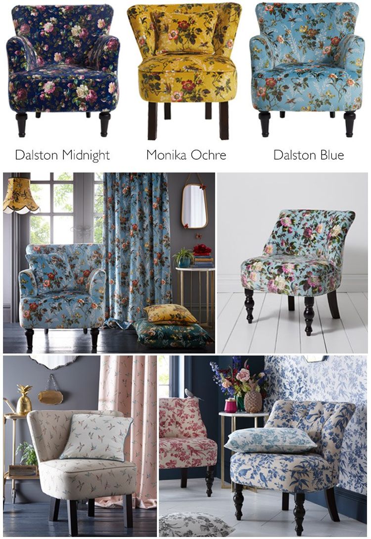 A collage of floral-patterned chairs in various colors: dark blue, yellow, light blue, light floral, and white with pink accents.