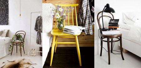 Three chairs used as bedside tables: one with plants, one yellow with flowers, and one with books and a lamp in minimalist bedrooms.