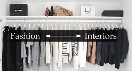 A neatly organized closet with various clothing items, including jackets and sweaters, with text "Fashion ↔ Interiors" overlaid.