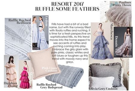 Collage of fashion and home decor items, including ruffled dresses, cushions, and bedspreads, with text about the 2017 resort trend.