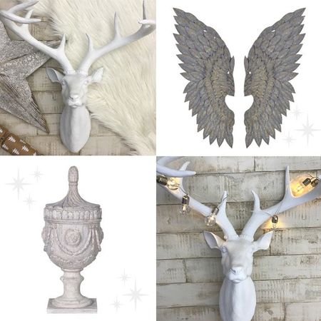 Collage of decorative items: white deer head with antlers, gray wings, ornate urn, and deer head with string lights on a rustic background.