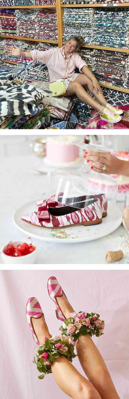 Three images: a person sitting on colorful fabric rolls, a zebra-patterned cake slice, and pink shoes adorned with flowers on legs in the air.