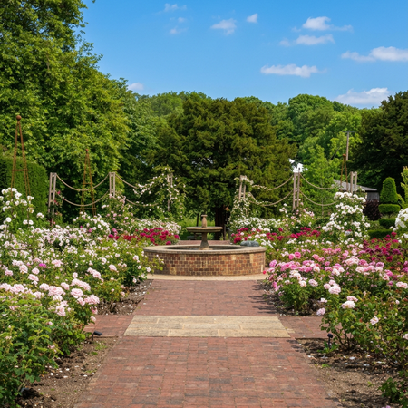 Brick path through Glyndebourne's grounds leading to a fountain, surrounded by blooming pink and white flowers, with lush green trees under a clear blue sky.