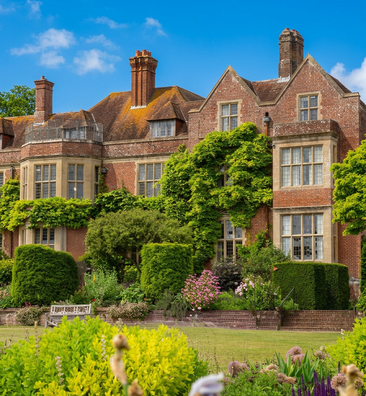 Historic brick mansion with ivy-covered walls, surrounded by lush gardens and a clear blue sky in the background.