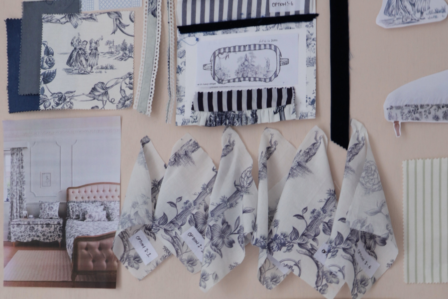 A pyjama mood board showing different toile print fabrics, blue fabric samples, an eye mask sketch and an image of French Bedroom's Toile bedding.
