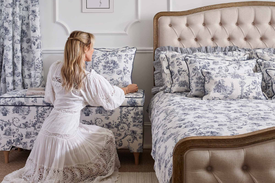 Styling the French Toile Collection with matching cushions, bedding and storage ottoman
