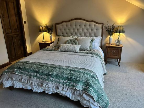 Oak Bed With Oatmeal Velvet Upholstery