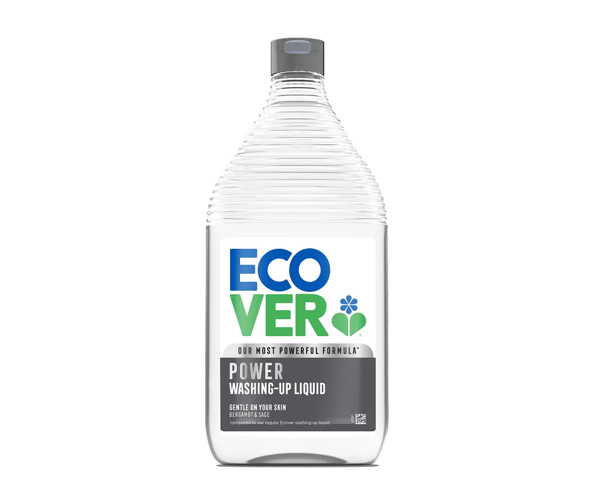 A bottle of Ecover Power Washing-Up Liquid with a clear body, gray cap, and blue and green logo on the label.