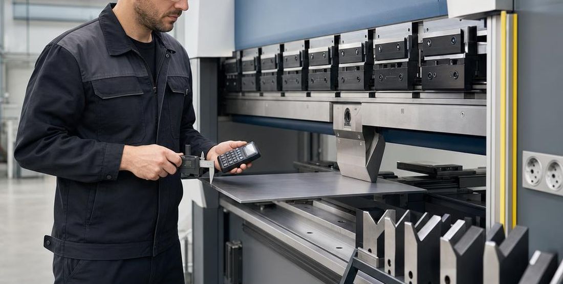 Kantbank capaciteit berekenen – technicus met schuifmaat en V-matrijs