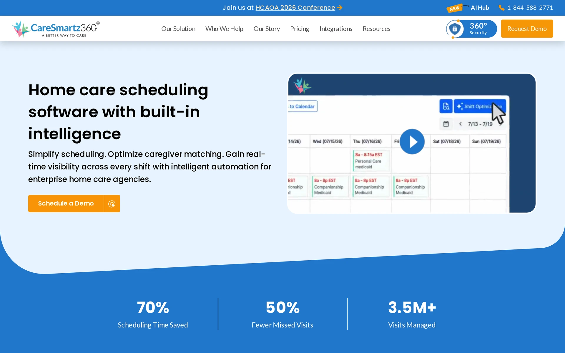 CareSmartz360's scheduling feature page with a calendar video preview CareSmartz360 scheduling page with a preview of its caregiver shift calendar