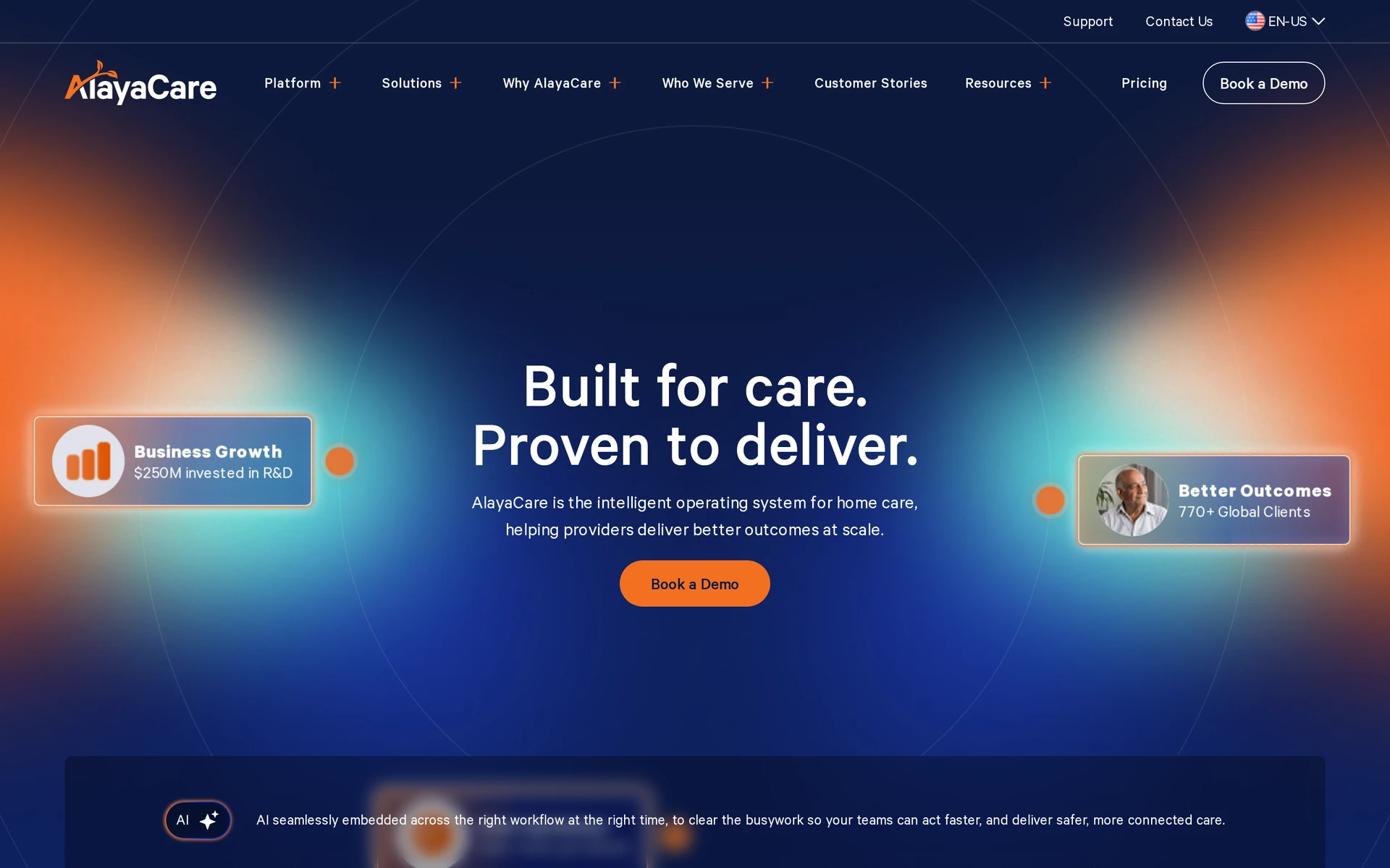 AlayaCare's home-care platform homepage AlayaCare's official homepage hero