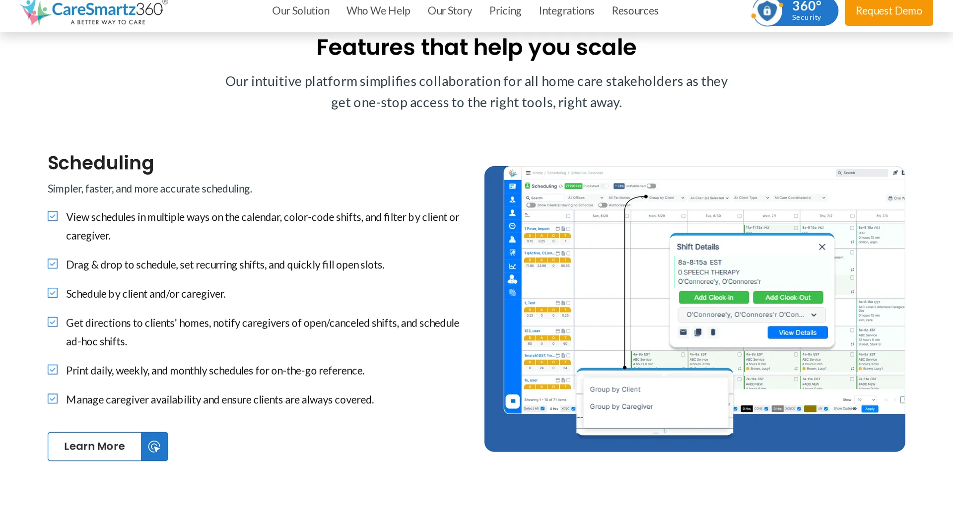 CareSmartz360 home-care platform for scheduling, EVV, field records, and billing