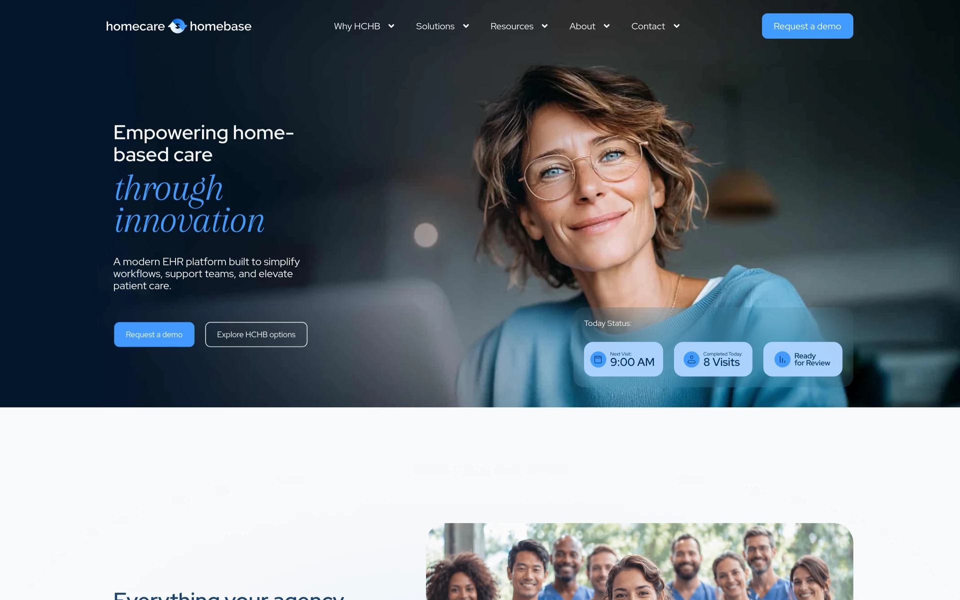 Homecare Homebase homepage with an illustrative visit-status panel Homecare Homebase page with a visit-status panel and EHR platform introduction