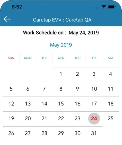 Caretap EVV mobile Work Schedule calendar Caretap EVV Work Schedule screen from the App Store preview.
