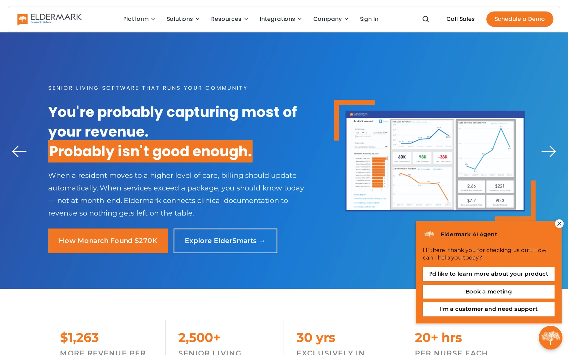 Eldermark product landing page presenting software for senior living operations.