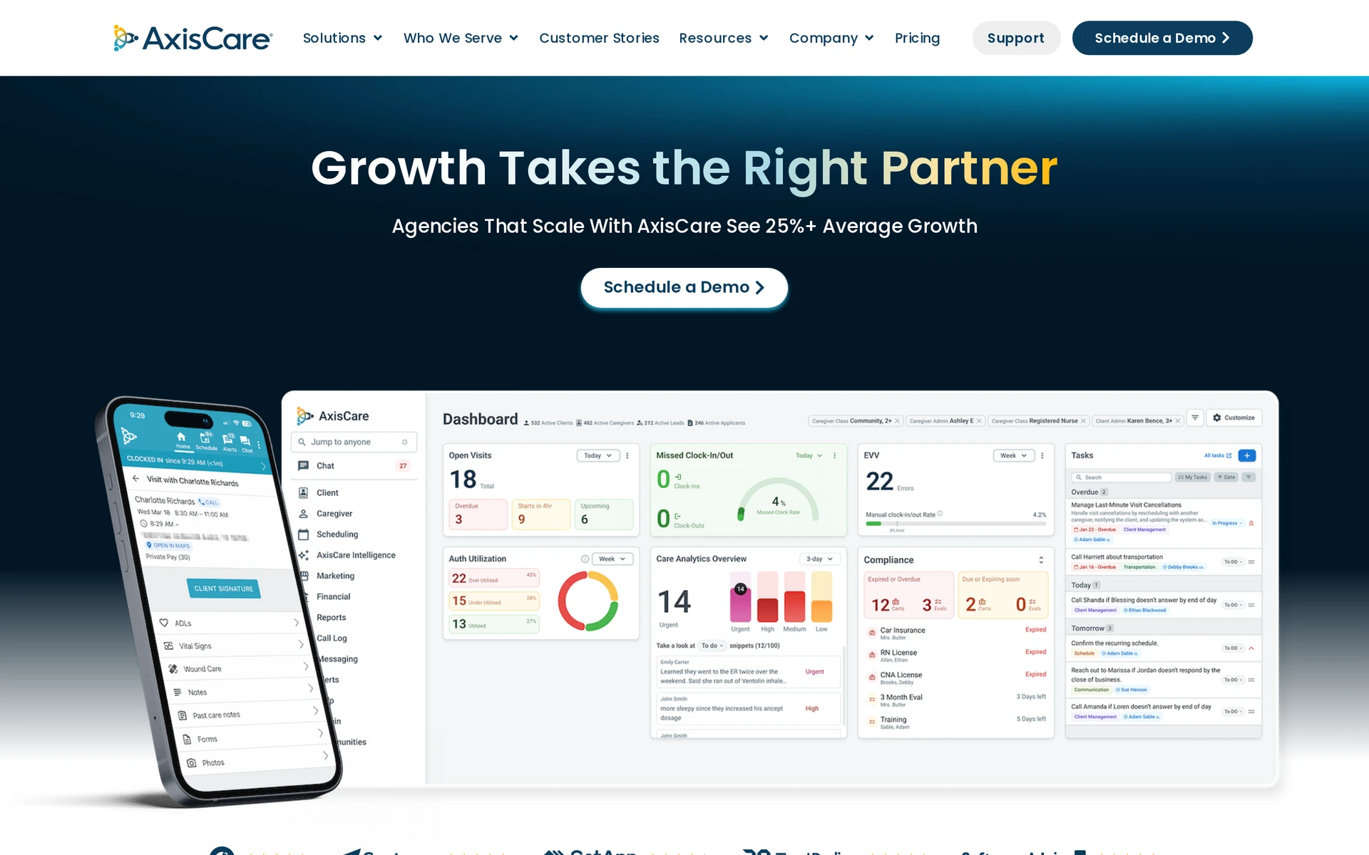AxisCare's homepage with dashboard and caregiver-app previews AxisCare's homepage with dashboard and caregiver-app previews