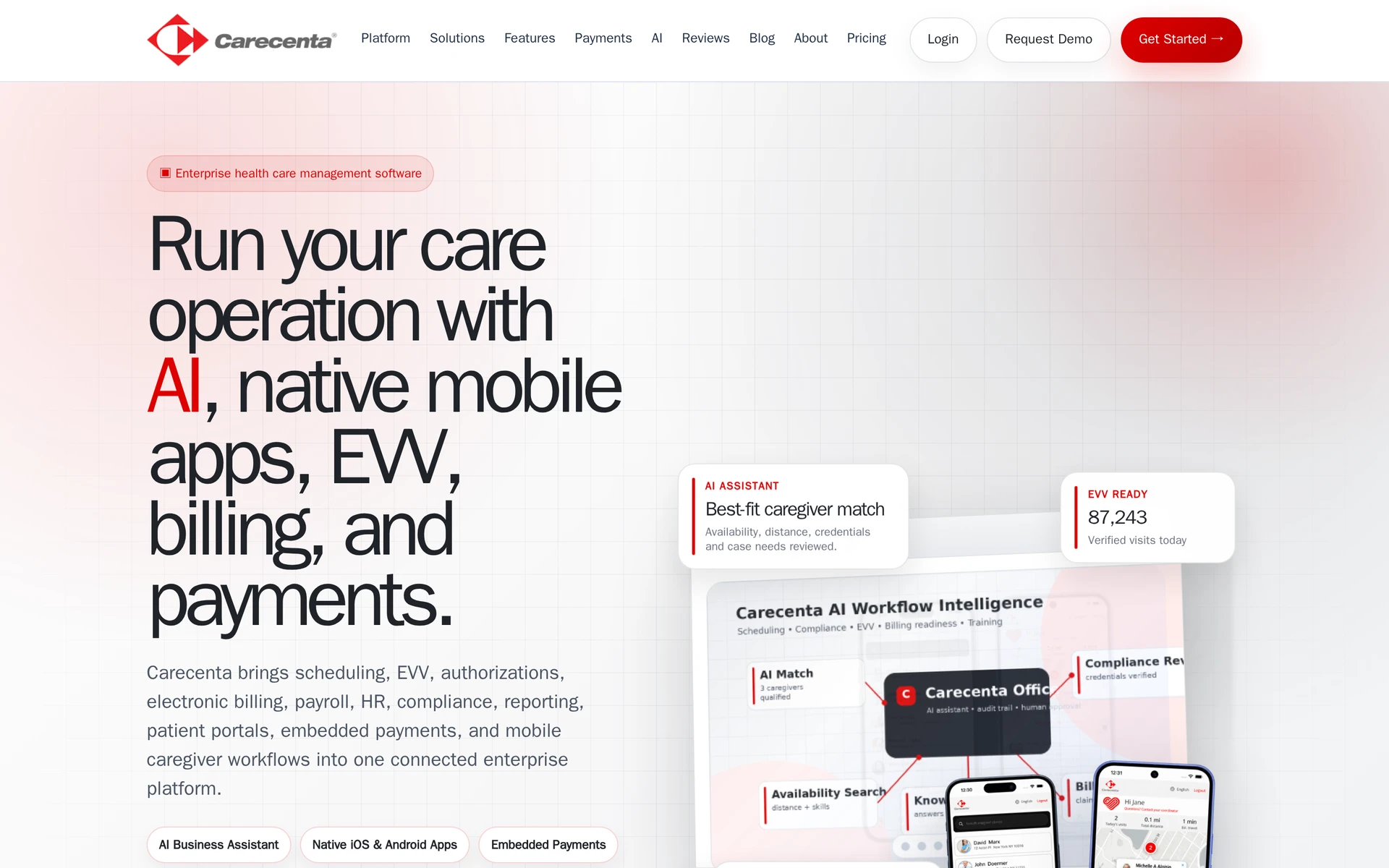 Carecenta's official product overview with mobile app previews.