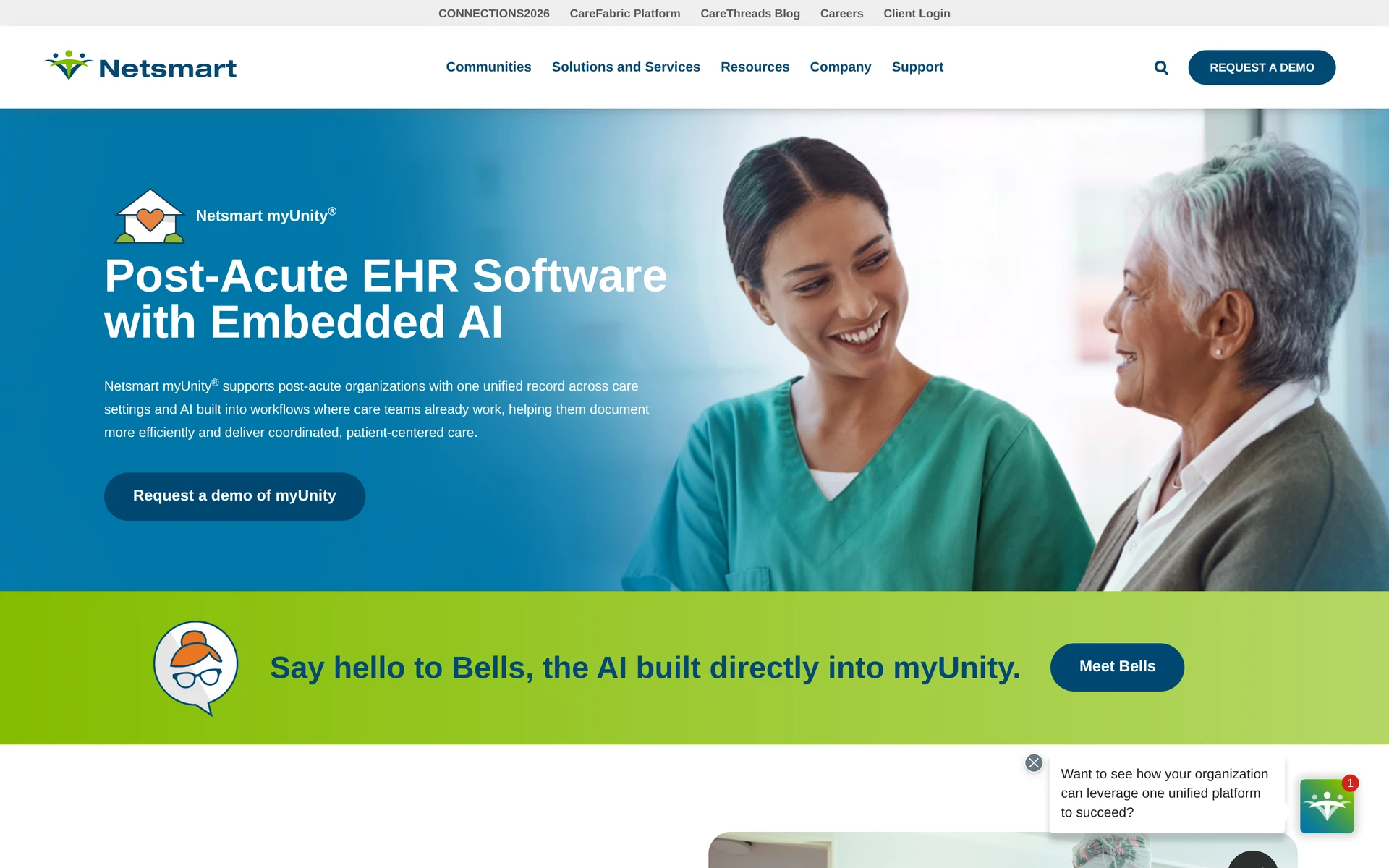 Netsmart myUnity product landing page for unified post-acute and senior care workflows.