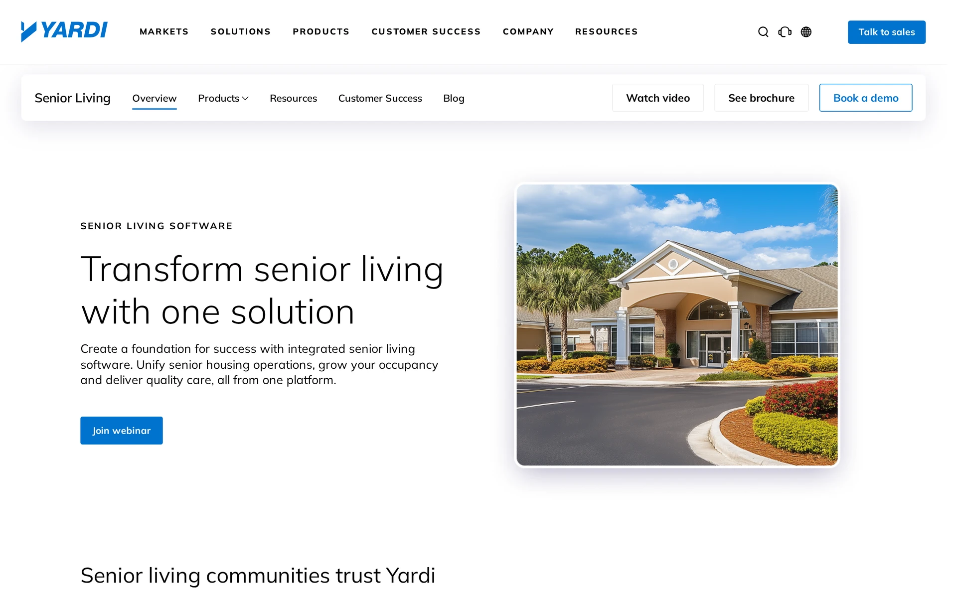 Yardi Senior Living product page presenting its suite of senior living software solutions.