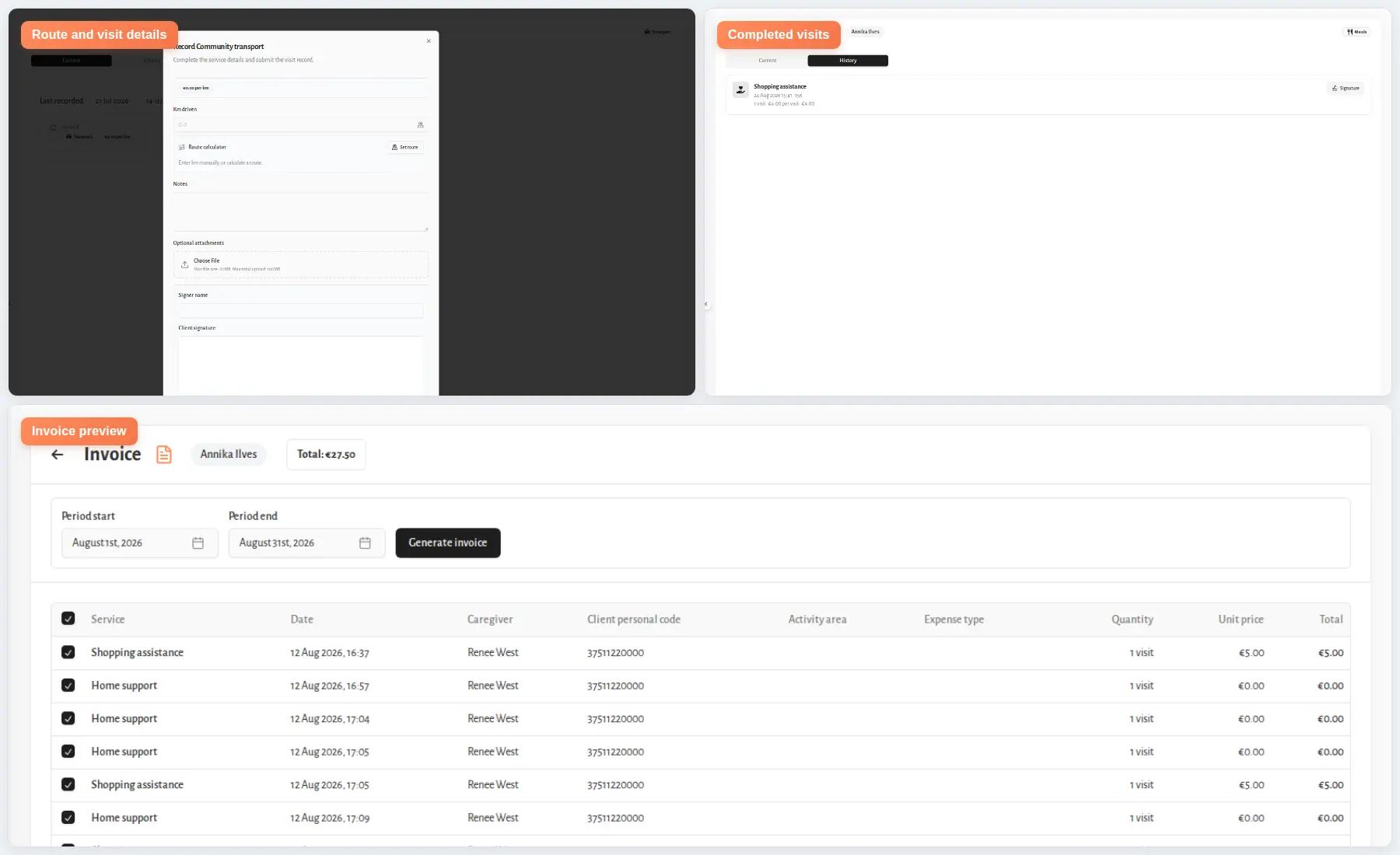 Silverwise home care visit view with route status, completed services, recorded time, and draft invoice lines