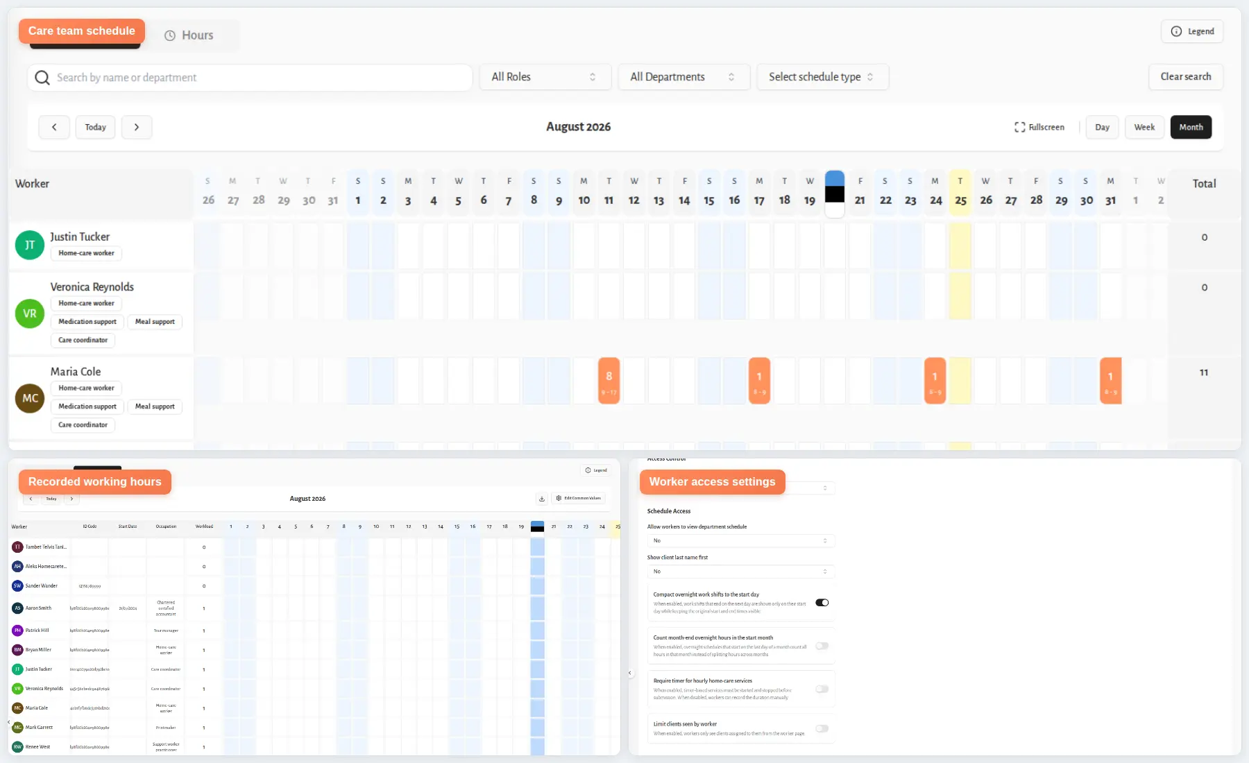 Silverwise staff schedule with shifts, recorded hours, and role-based access to home care records