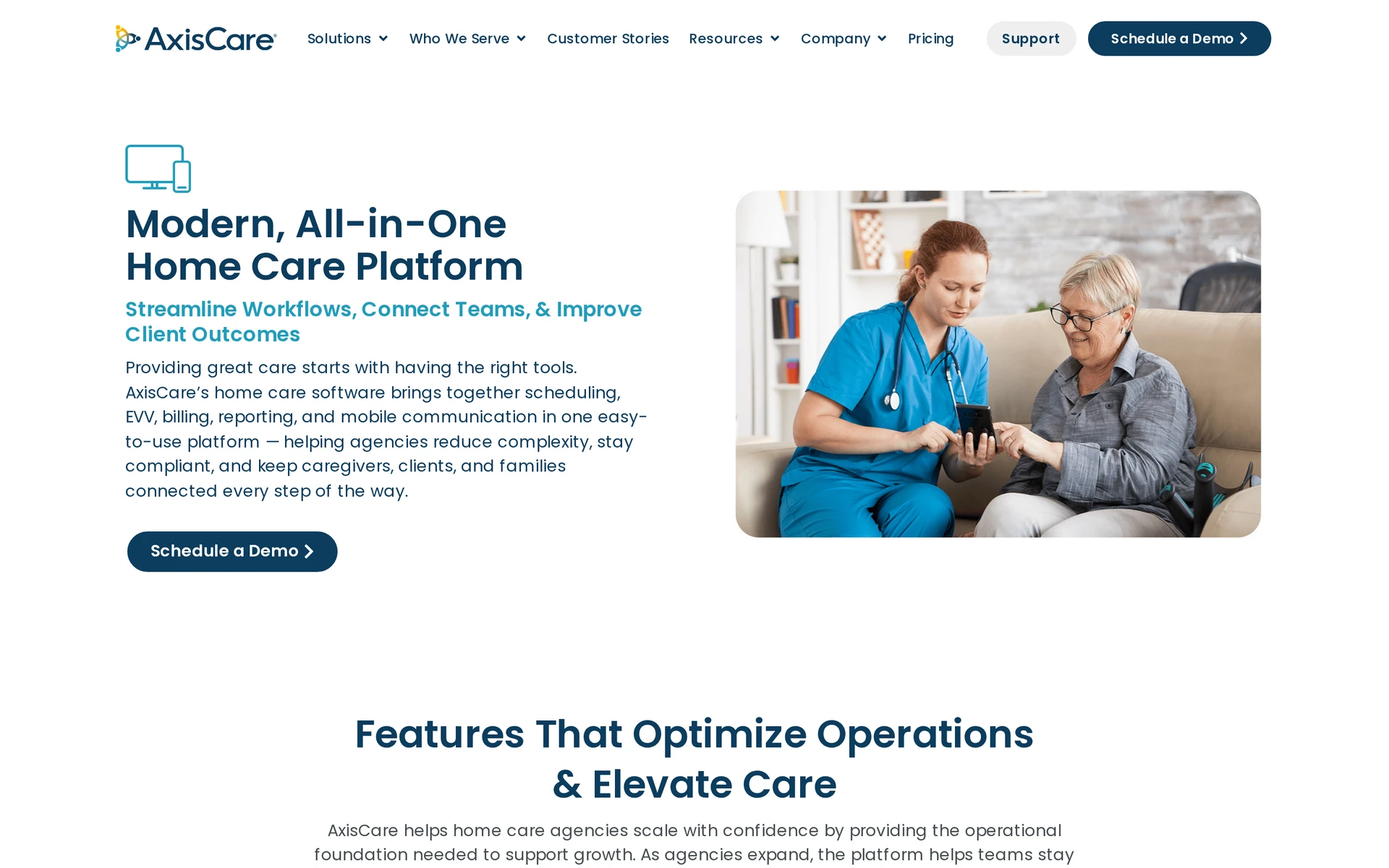 AxisCare home-care platform for scheduling, EVV, field documentation, and billing