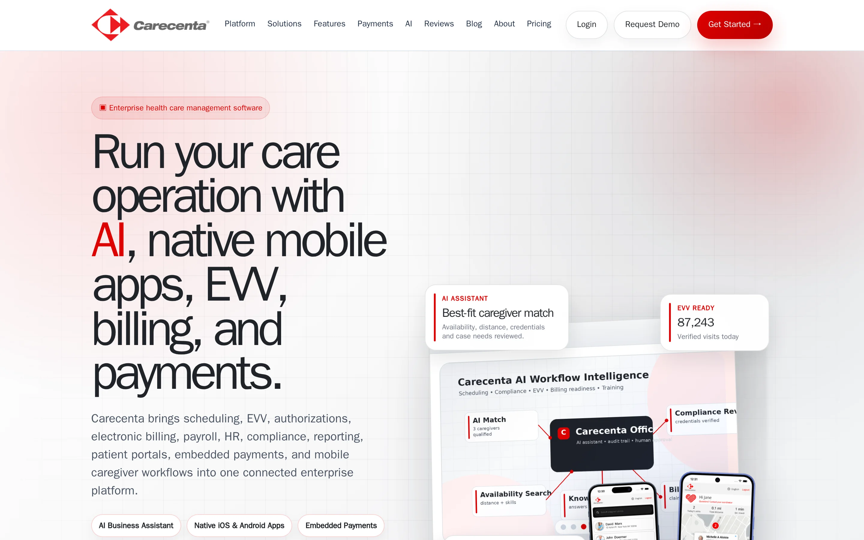 Carecenta scheduling, EVV, clinical workflow, billing, and payroll platform