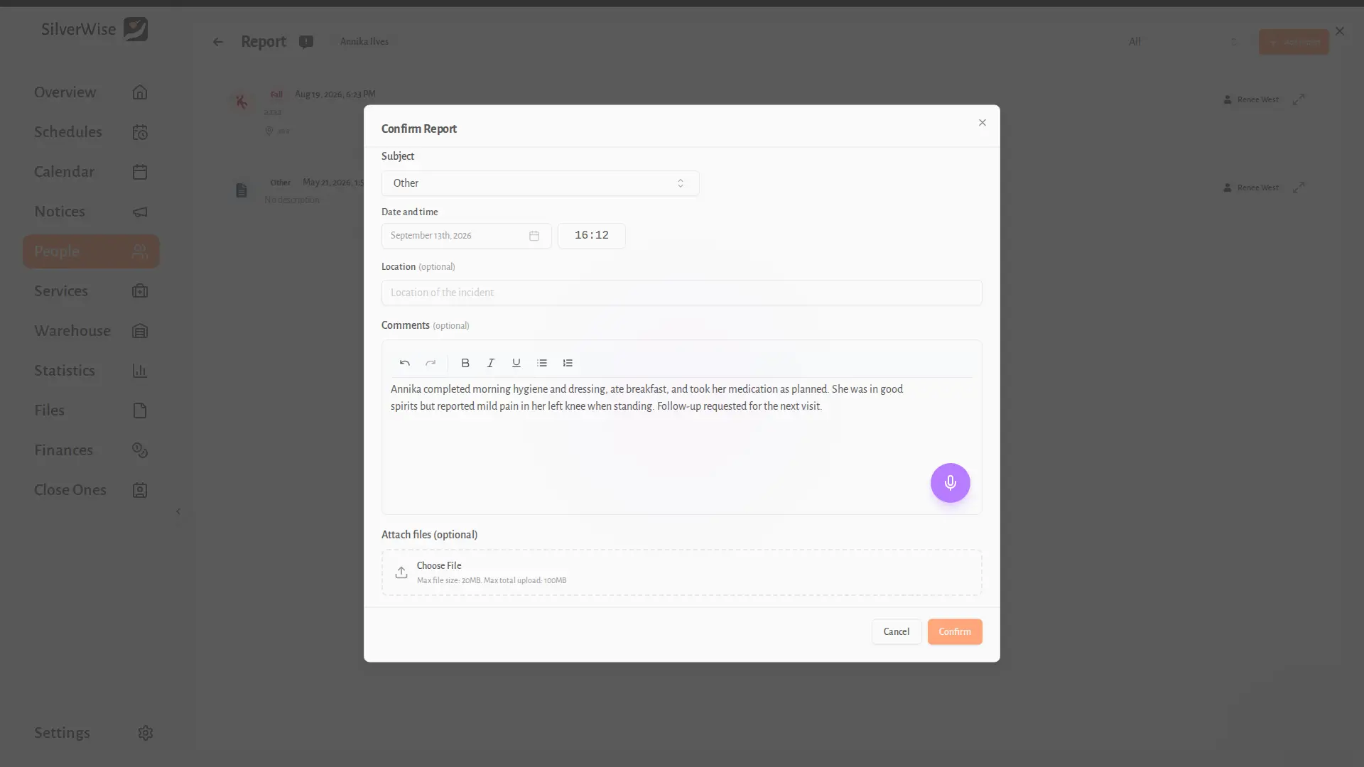 Caregiver reviewing and editing an AI-prepared home care visit update in Silverwise before confirming it