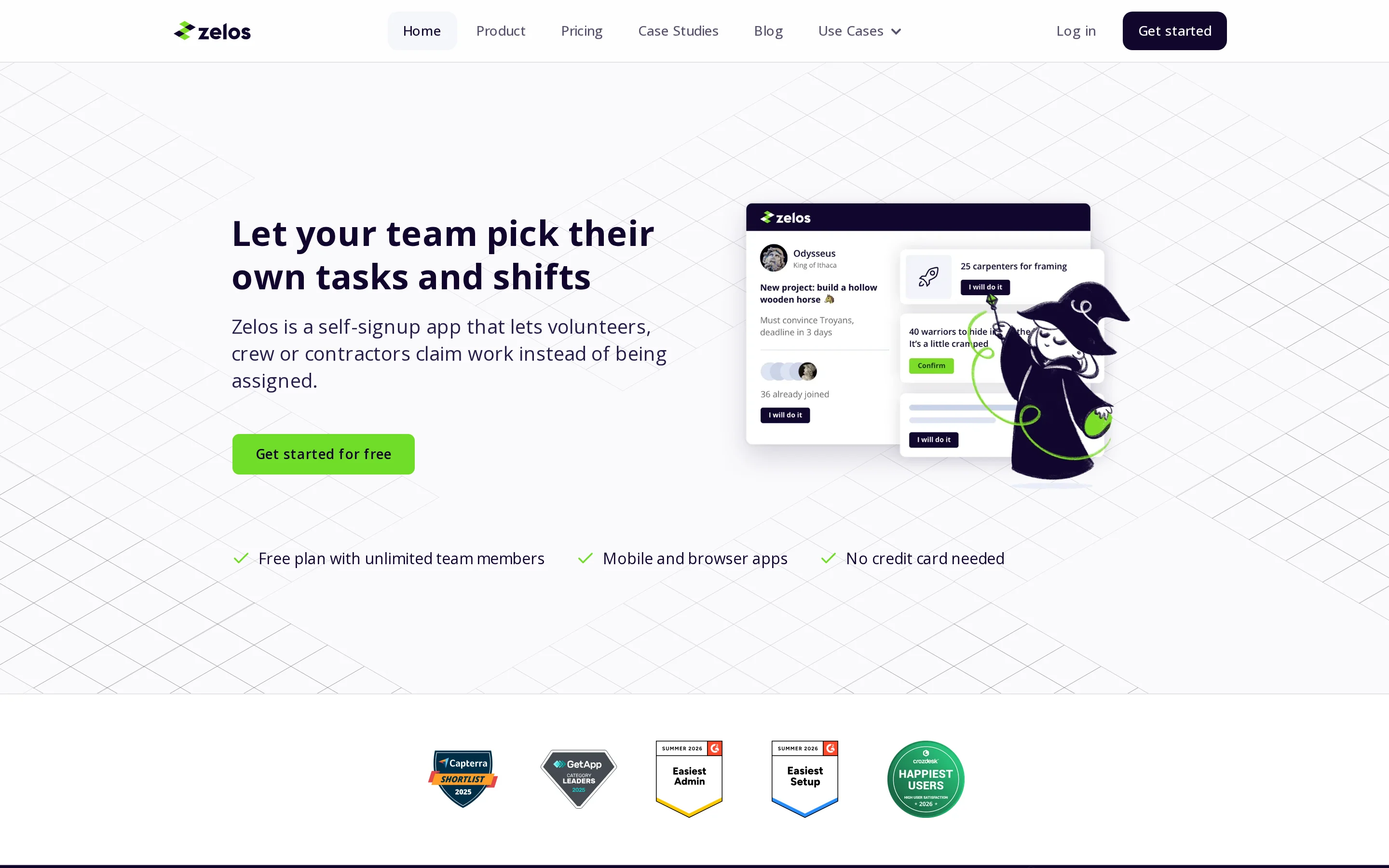 Zelos volunteer task dispatch, self-signup shifts, and supervised team communication platform