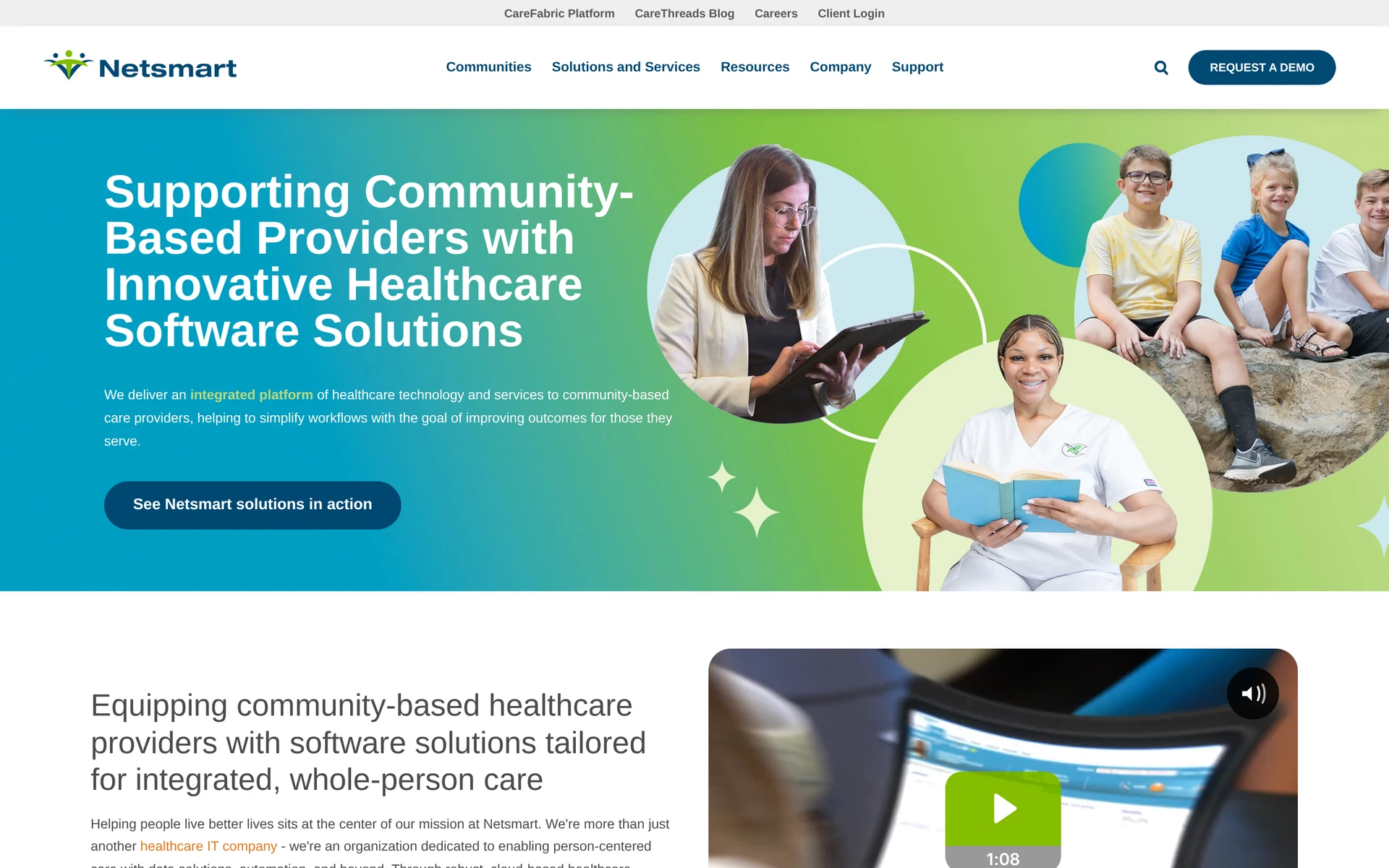 Netsmart's healthcare-solutions homepage Netsmart's official website hero