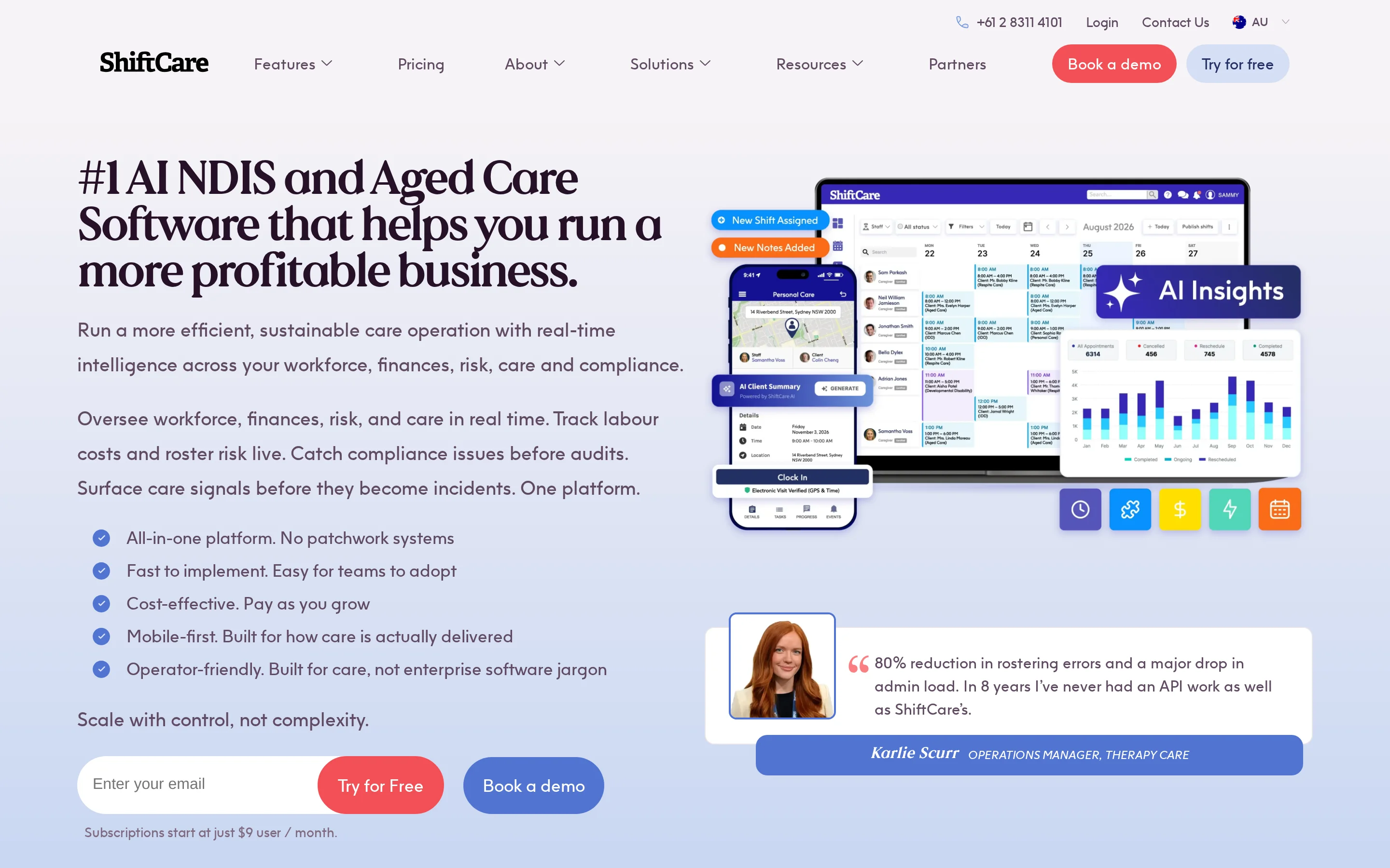 ShiftCare rostering, EVV, mobile notes, invoicing, and family access platform