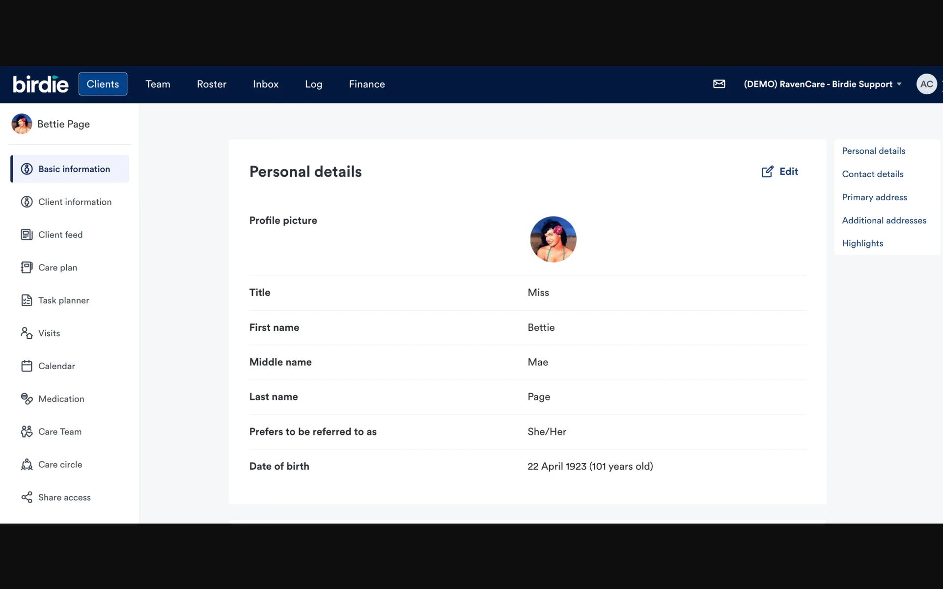 Birdie's demo client profile, with navigation to care plans, visits and medication records.