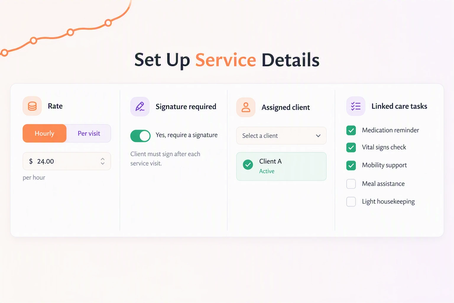 Silverwise service setup with rate, signature, client, and care-task settings.