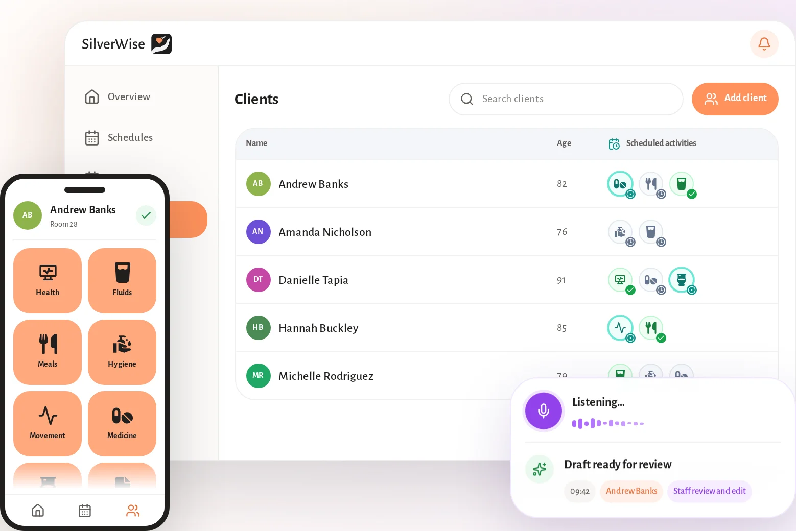 Silverwise home care visits, handovers, schedules, and daily follow-up platform